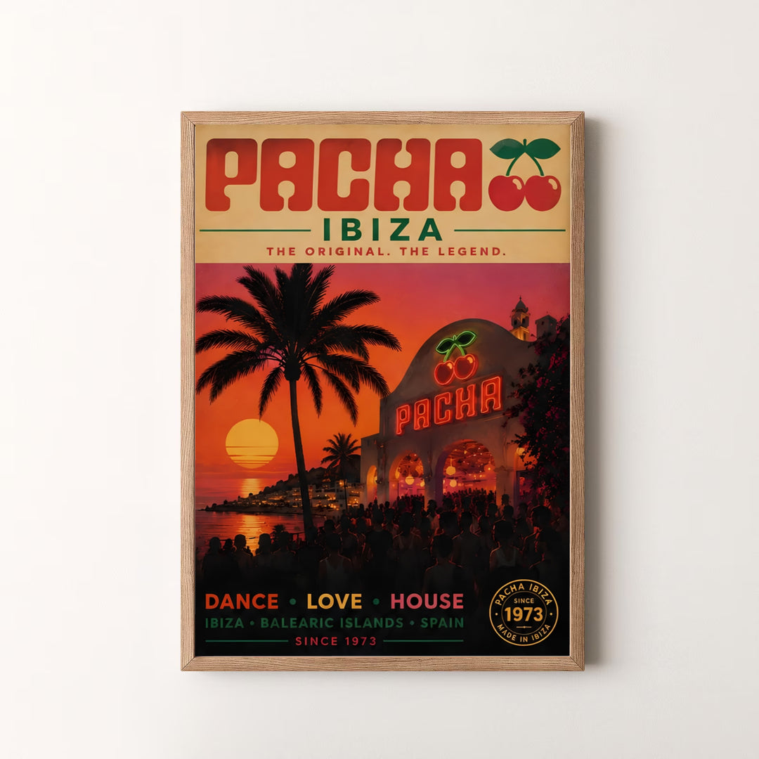 Historic Balearic party destination wall art poster showcasing Pacha Ibiza since 1973 with neon lights and palm silhouettes, offered by MapYourDreams as an unframed print, gallery wrapped canvas, or custom framed wall art in grey and white frames.