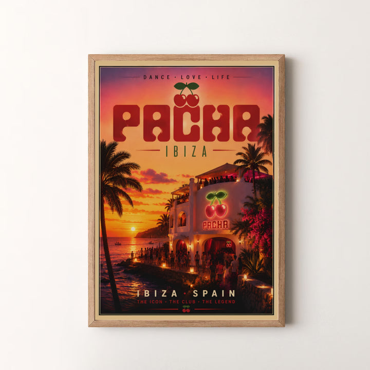 Historic Ibiza coastal travel wall art poster showcasing Pacha venue exterior with neon lights and palm silhouettes in Spain, offered by MapYourDreams as an unframed print, gallery wrapped canvas, or custom framed wall art in grey and white frames.