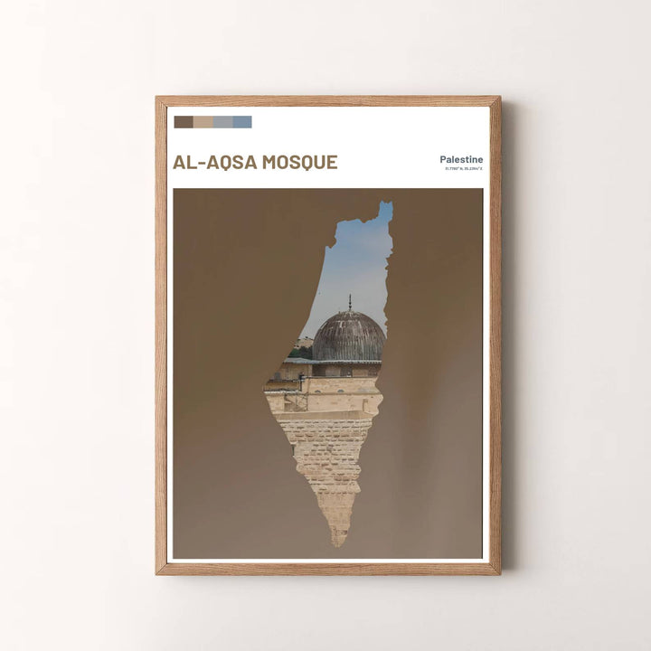 Meaningful sacred wall art print of Al Aqsa Mosque in Jerusalem Al Quds with Palestine map cutout design and modern editorial layout. Presented by MapYourDreams, this artwork is available in flexible options including unframed paper, custom wooden frames, and gallery canvas wraps for timeless wall decor.