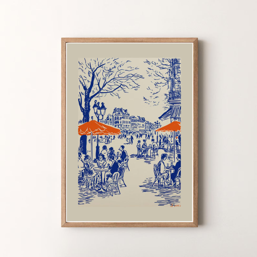 Decorative French line art poster depicting patrons sitting at an outdoor bistro in Paris France. MapYourDreams offers versatile framed, unframed, and canvas print options for living spaces.