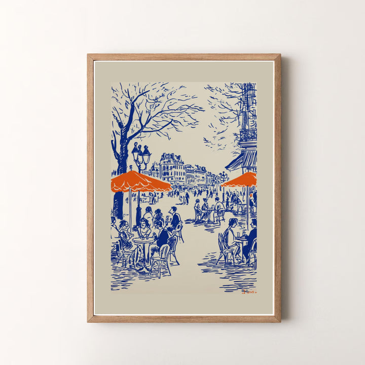 Decorative French line art poster depicting patrons sitting at an outdoor bistro in Paris France. MapYourDreams offers versatile framed, unframed, and canvas print options for living spaces.