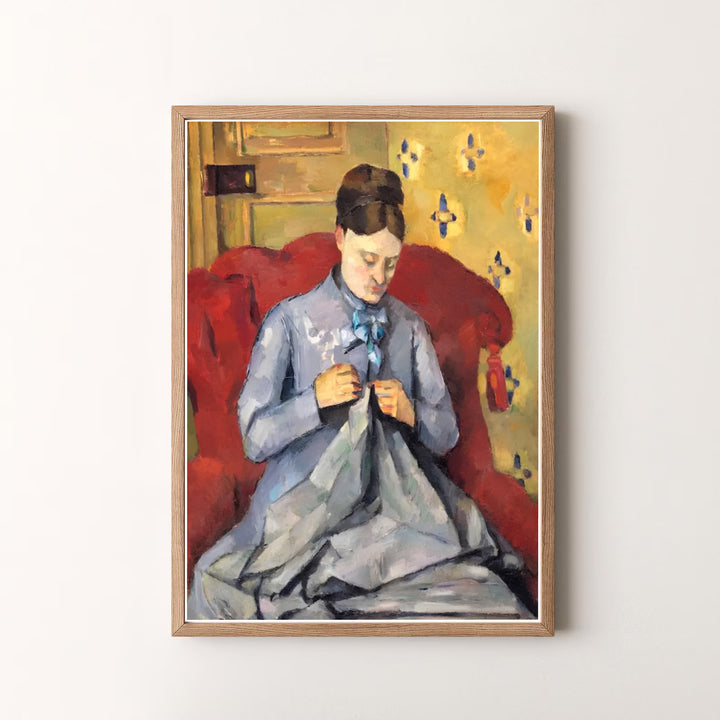 Decorative art history print of Paul Cezanne Madame Cezanne Sewing 1877 capturing a classic French domestic setup in Paris France. MapYourDreams offers versatile framed prints, unframed paper wall decor, and gallery canvas print choices for passionate home art buyers.