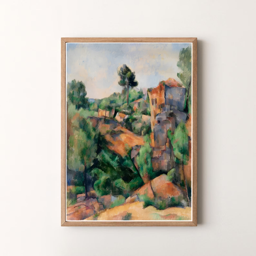 Decorative art history print of Paul Cezanne Bibemus Quarry 1895 capturing a classic French landscape setup in Aix-en-Provence France. MapYourDreams offers versatile framed prints, unframed paper wall decor, and gallery canvas print choices for passionate home art buyers.