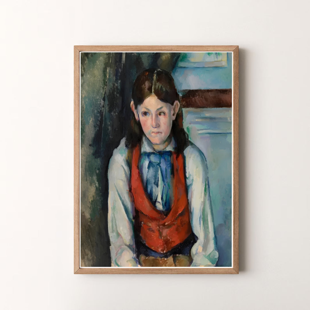 Decorative art history print of Paul Cezanne Boy In A Red Vest 1888 capturing a classic French studio setup in Paris France. MapYourDreams offers versatile framed prints, unframed paper wall decor, and gallery canvas print choices for passionate home art buyers.