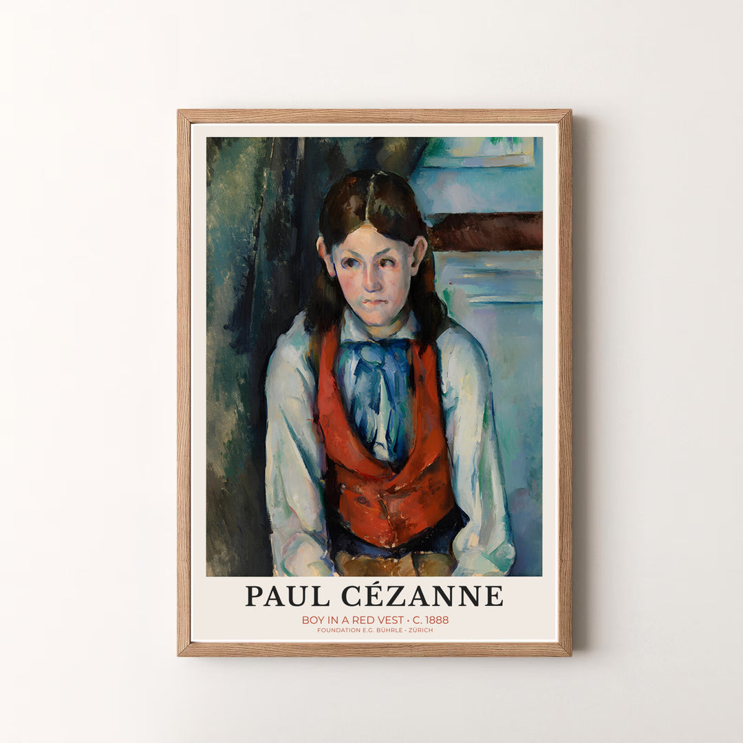Decorative art history museum print of Paul Cezanne Boy In Red Vest 1888 capturing a classic French studio setup in Paris France. MapYourDreams offers versatile framed prints, unframed paper wall decor, and gallery canvas print choices for passionate home art buyers.