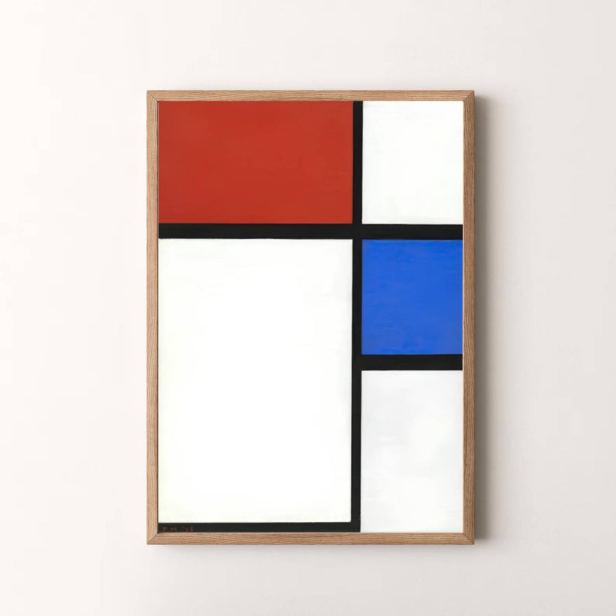 Preserved within esteemed international museum archives, this striking 1929 neoplasticism abstract painting by Piet Mondrian portrays a bold asymmetric grid of black lines enclosing primary red and blue blocks. Offered by MapYourDreams as a stunning geometric art print, this historic 1929 masterpiece wall decor is available in flexible options including unframed paper, custom wooden frames, and gallery canvas wraps to suit any sophisticated interior decor style.