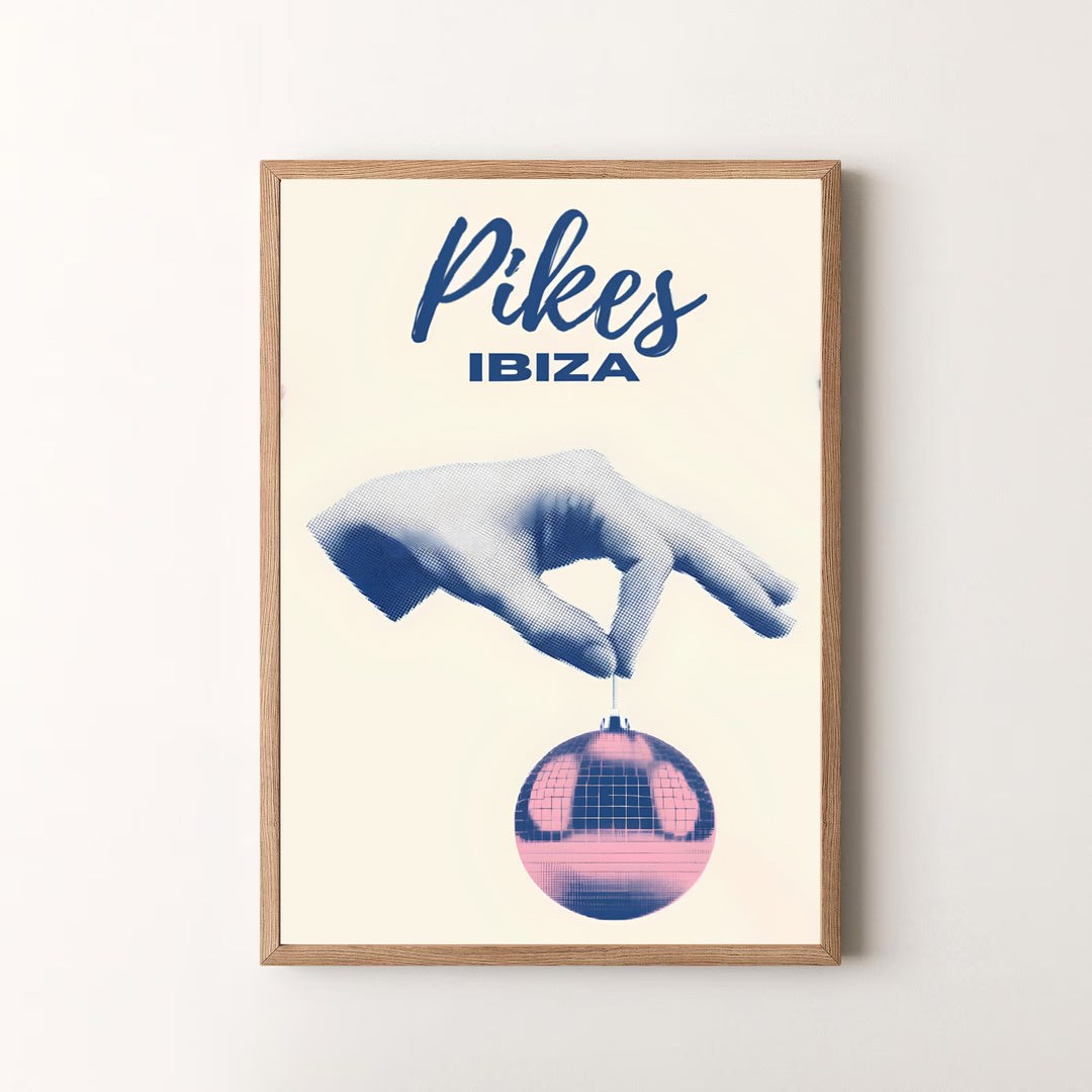 Historic Pikes Hotel venue wall art poster showcasing San Antonio Ibiza rock and roll party heritage in a surreal graphic print, offered by MapYourDreams as an unframed print, gallery wrapped canvas, or custom framed wall art in grey and white frames.
