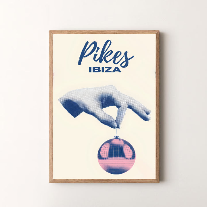 Historic Pikes Hotel venue wall art poster showcasing San Antonio Ibiza rock and roll party heritage in a surreal graphic print, offered by MapYourDreams as an unframed print, gallery wrapped canvas, or custom framed wall art in grey and white frames.