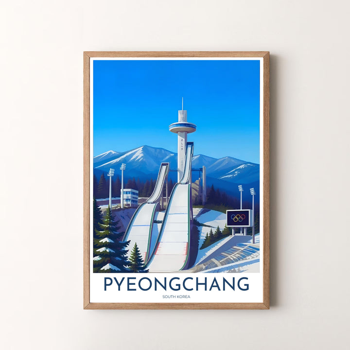 Fine art vector poster of Pyeongchang, South Korea, depicting the unique harmony between modern athletic architecture and the rugged alpine winter landscape of Gangwon Province. Offered by MapYourDreams, this artwork is available in flexible options including unframed paper, custom wooden frames, and gallery canvas wraps.