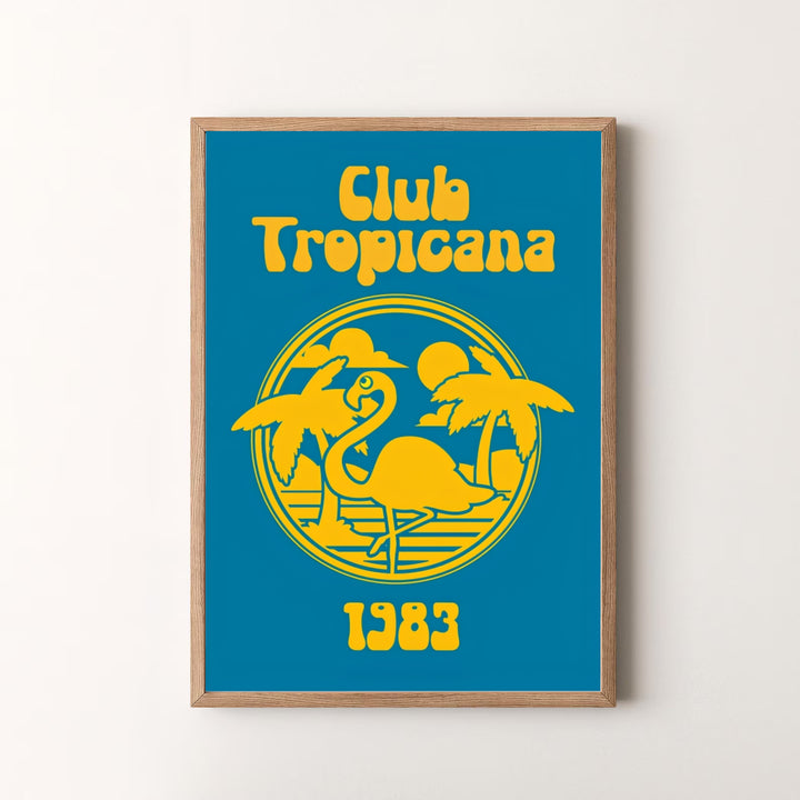 Historic 1983 Club Tropicana venue wall art poster showcasing 80s pop culture and poolside summer heritage in a bold graphic print, offered by MapYourDreams as an unframed print, gallery wrapped canvas, or custom framed wall art in grey and white frames.