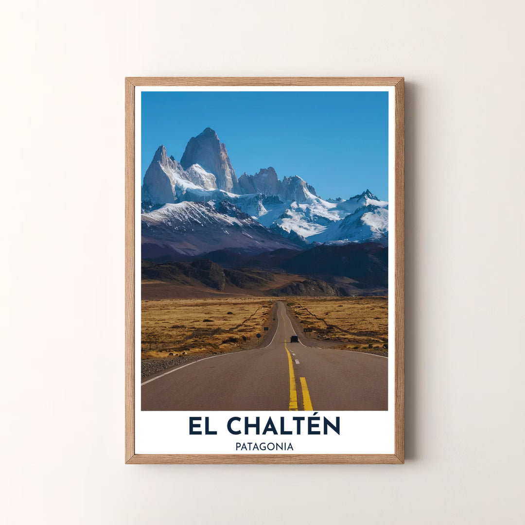 Combining bold poster typography with stunning road trip landscape photography, this El Chaltén wall decor brings Patagonian scenery to life, created by MapYourDreams and provided in unframed paper, custom wooden frames, and gallery canvas options.