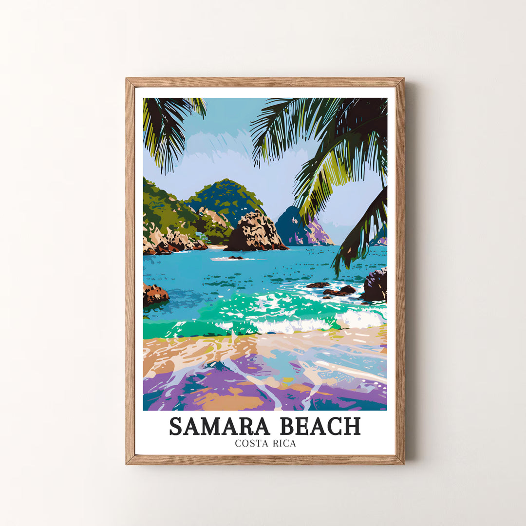 Bright tropical beach perspectives of Samara Beach and Whale Tails Rocks in Costa Rica star in this travel poster print. MapYourDreams offers versatile framed, unframed, and canvas options to refresh your space.