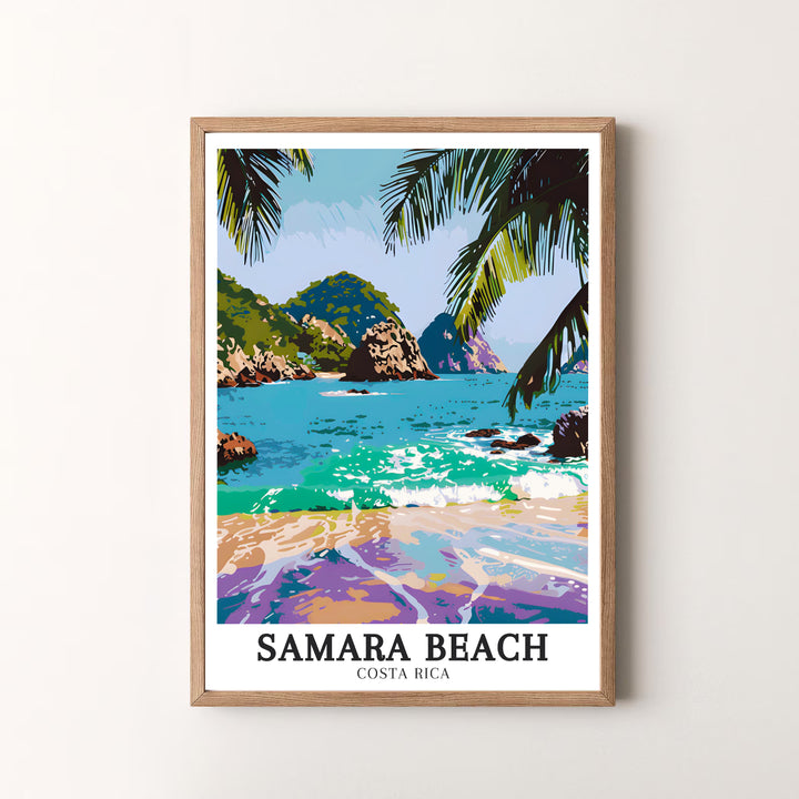 Bright tropical beach perspectives of Samara Beach and Whale Tails Rocks in Costa Rica star in this travel poster print. MapYourDreams offers versatile framed, unframed, and canvas options to refresh your space.