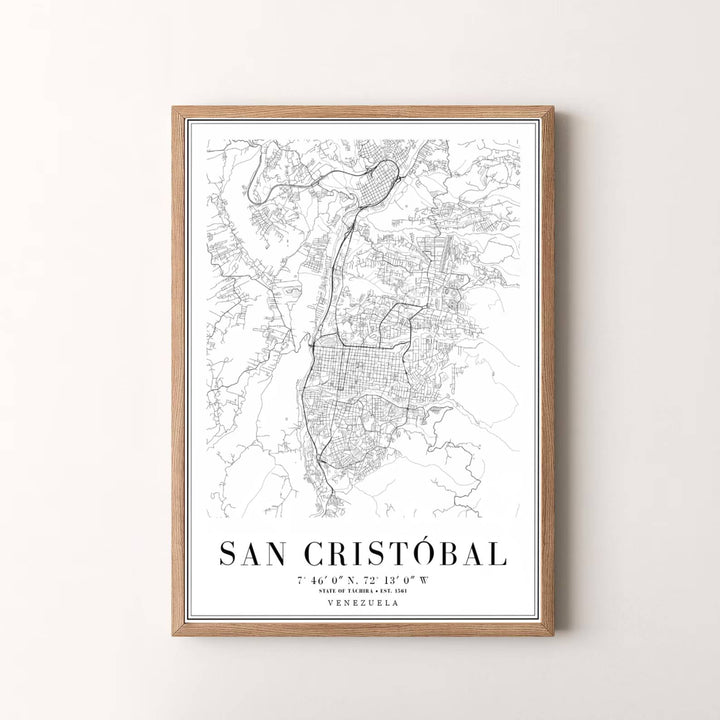 Modern minimalist travel artwork featuring a detailed cartographic street map of San Cristóbal, Venezuela. Available in the MapYourDreams studio, this geographic print is offered as unframed archival paper, framed wall art, or gallery canvas wraps.
