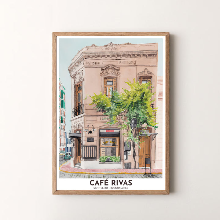 Combining clean poster typography with delicate watercolor architecture illustration, this San Telmo Cafe Rivas wall decor brings Argentine cafe life to reality, created by MapYourDreams and provided in unframed paper, custom wooden frames, and gallery canvas options.