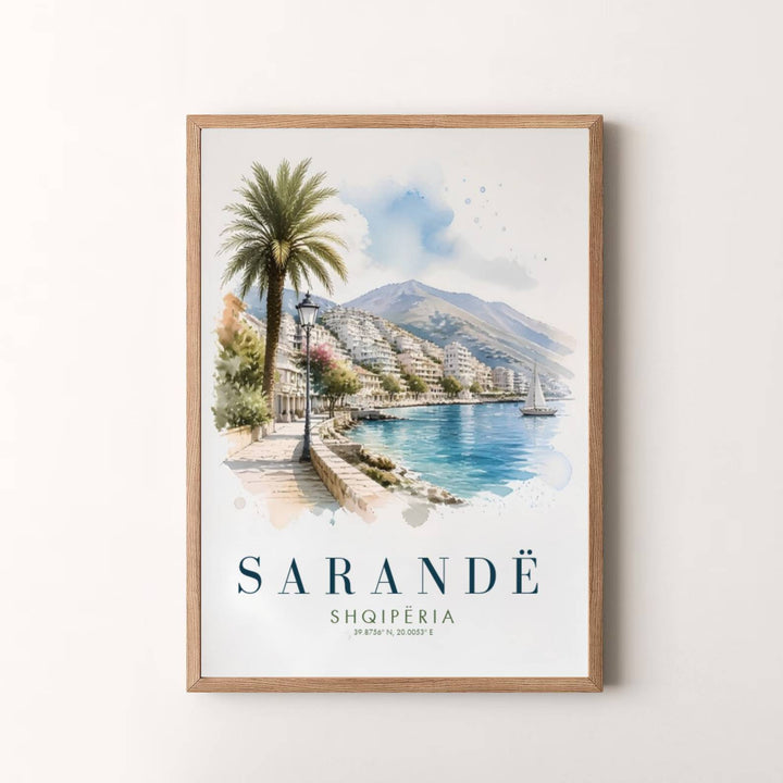 Elegant cartographic watercolor art poster featuring Sarandë Albania, designed to bring European coastal serenity and summer warmth into your space. Choose your presentation from unframed paper stock, custom wood frames, or stretched gallery canvas.