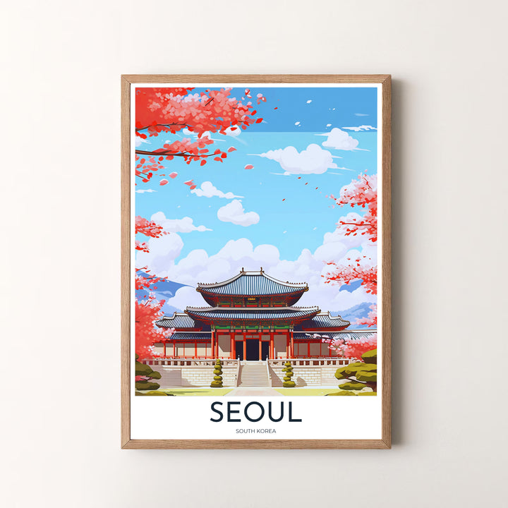 Fine art vector poster of Gyeongbokgung Palace in Seoul, South Korea, depicting the unique harmony of historic royal architecture, mountain ridges, and seasonal spring blooms. Offered by MapYourDreams, this artwork is available in flexible options including unframed paper, custom wooden frames, and gallery canvas wraps.