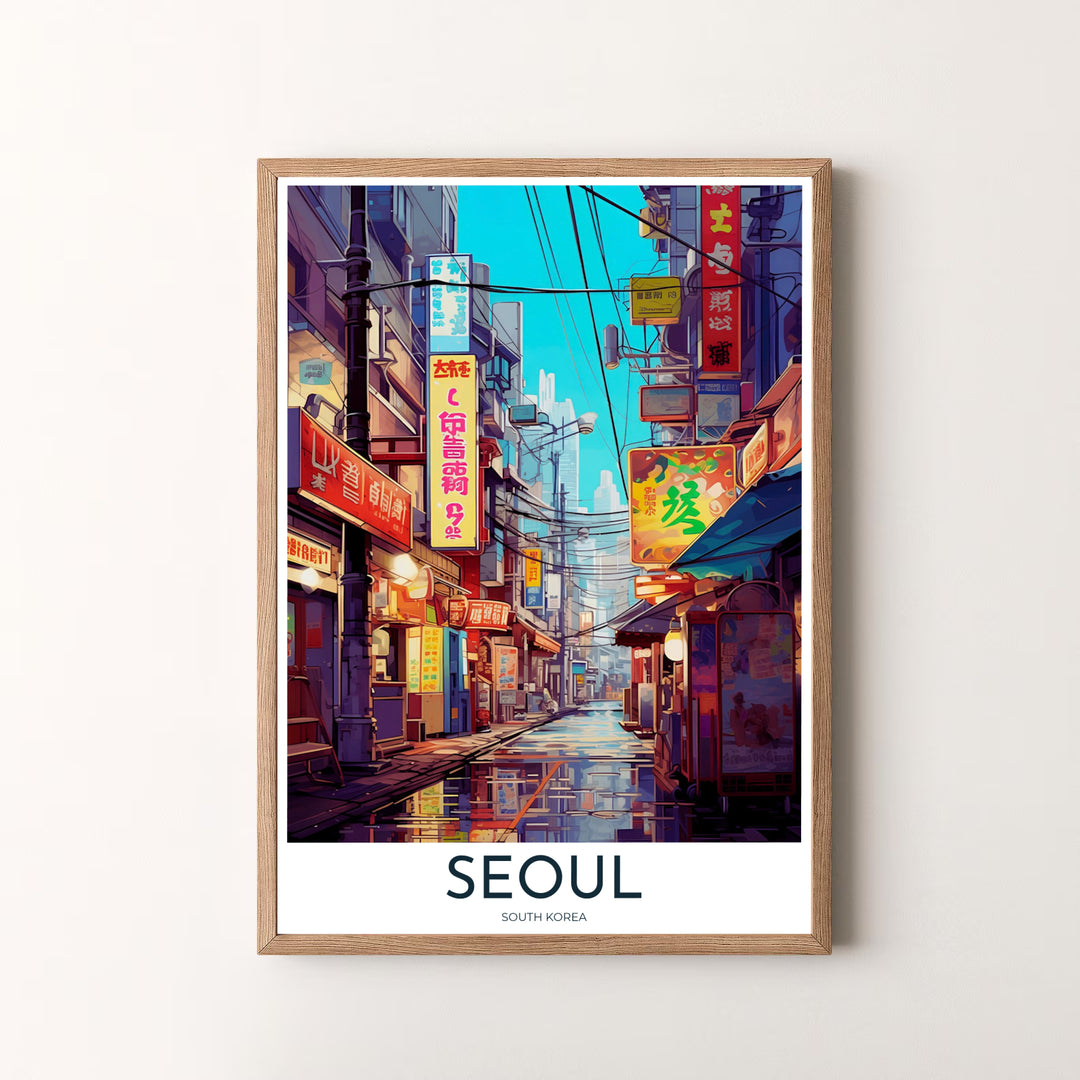 Fine art cyberpunk anime poster of Seoul, South Korea, depicting the mesmerizing glow of neon-lit side streets, wet pavement reflections, and modern city architecture. Offered by MapYourDreams, this artwork is available in flexible options including unframed paper, custom wooden frames, and gallery canvas wraps.