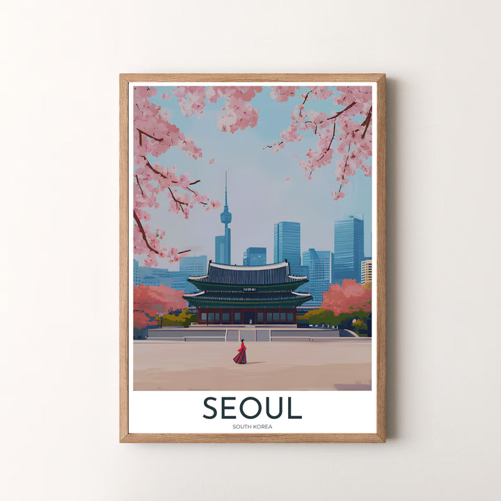 Fine art vector poster of Seoul, South Korea, depicting the mesmerizing juxtaposition of historic royal palace pavilions, vibrant spring cherry blossoms, and futuristic urban skyscrapers. Offered by MapYourDreams, this artwork is available in flexible options including unframed paper, custom wooden frames, and gallery canvas wraps.