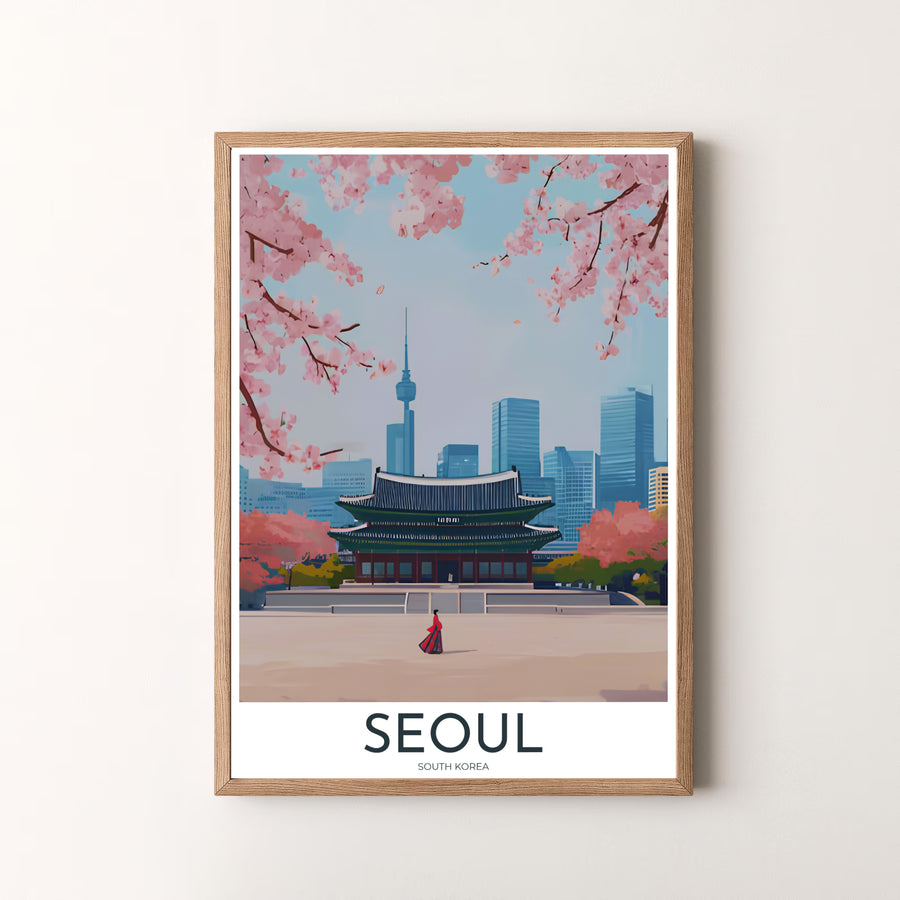 Fine art vector poster of Seoul, South Korea, depicting the mesmerizing juxtaposition of historic royal palace pavilions, vibrant spring cherry blossoms, and futuristic urban skyscrapers. Offered by MapYourDreams, this artwork is available in flexible options including unframed paper, custom wooden frames, and gallery canvas wraps.