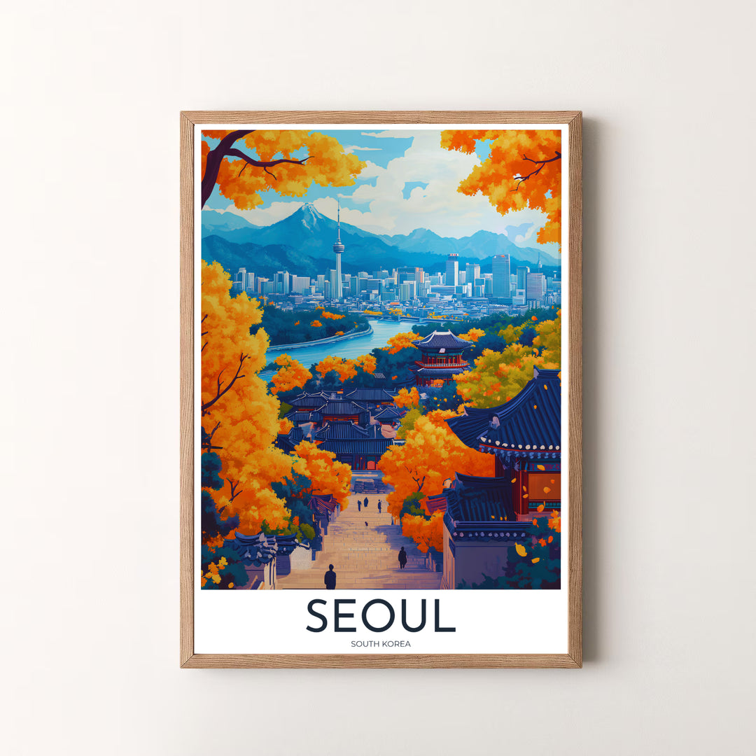 Fine art vector poster of Seoul, South Korea, depicting the stunning contrast of historic Hanok architecture, glowing autumn leaves, and the modern metropolis skyline. Offered by MapYourDreams, this artwork is available in flexible options including unframed paper, custom wooden frames, and gallery canvas wraps.