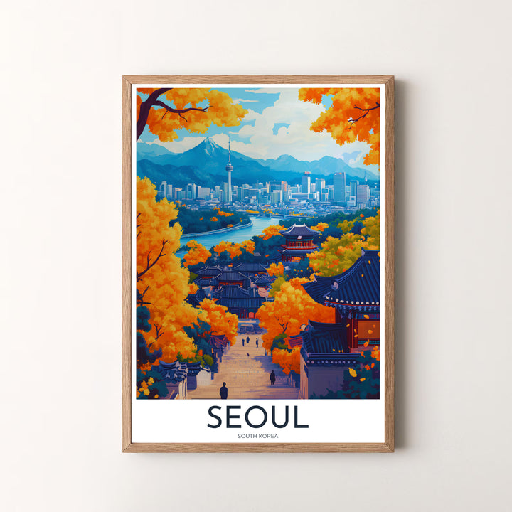 Fine art vector poster of Seoul, South Korea, depicting the stunning contrast of historic Hanok architecture, glowing autumn leaves, and the modern metropolis skyline. Offered by MapYourDreams, this artwork is available in flexible options including unframed paper, custom wooden frames, and gallery canvas wraps.