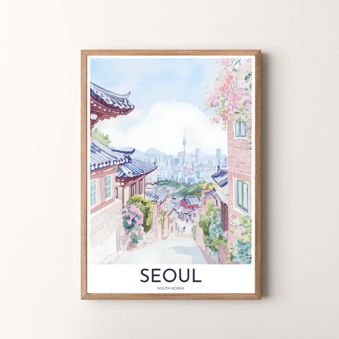 Fine art watercolor poster of Seoul, South Korea, depicting the delicate contrast of historic Hanok architecture, blushing spring flowers, and the modern metropolis skyline. Offered by MapYourDreams, this artwork is available in flexible options including unframed paper, custom wooden frames, and gallery canvas wraps.