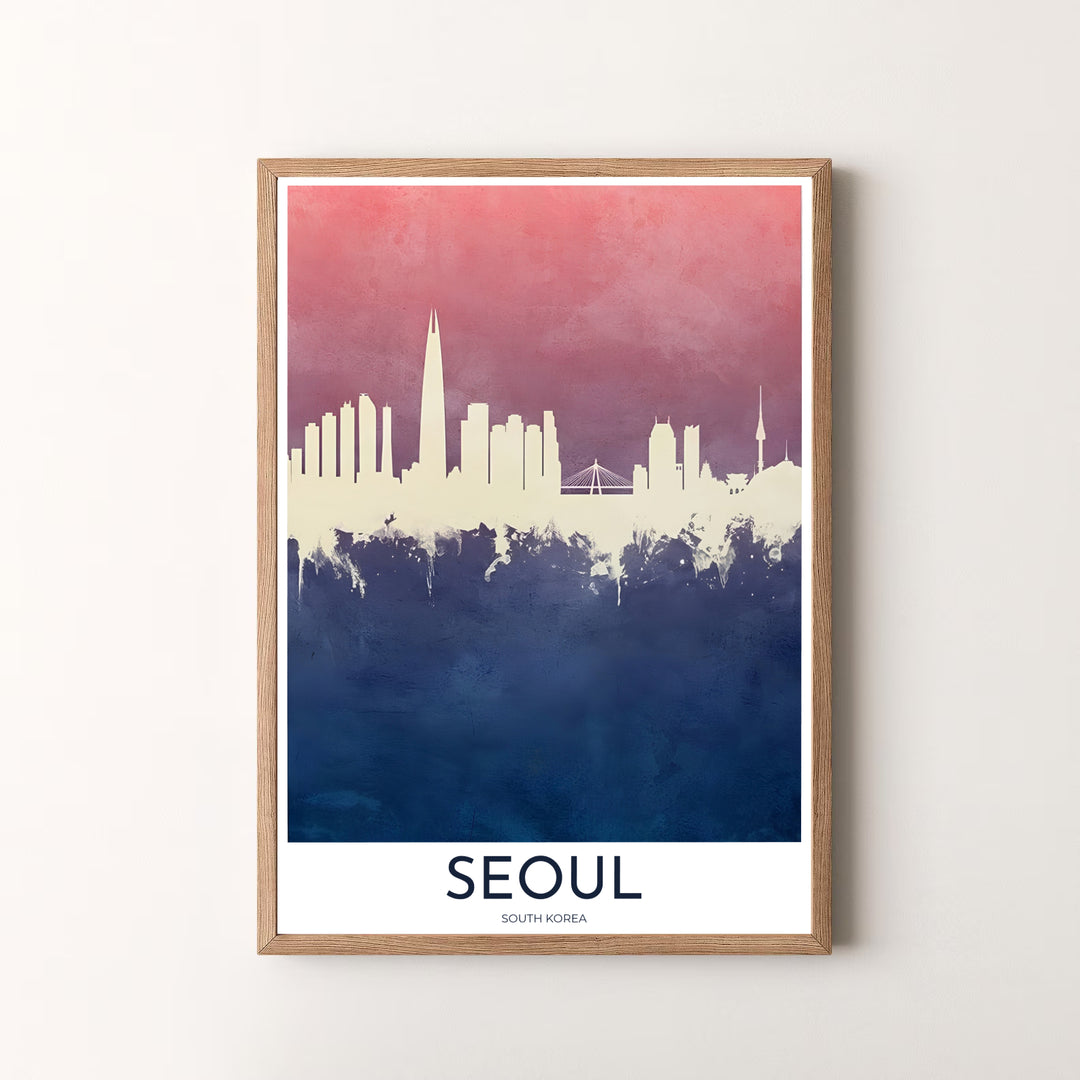 Beautiful Korean urban landscape artwork depicting the iconic skyline of Seoul, South Korea, with white silhouette structures and bold SEOUL header text. Offered by MapYourDreams, this artwork is available in flexible options including unframed paper, custom wooden frames, and gallery canvas wraps.