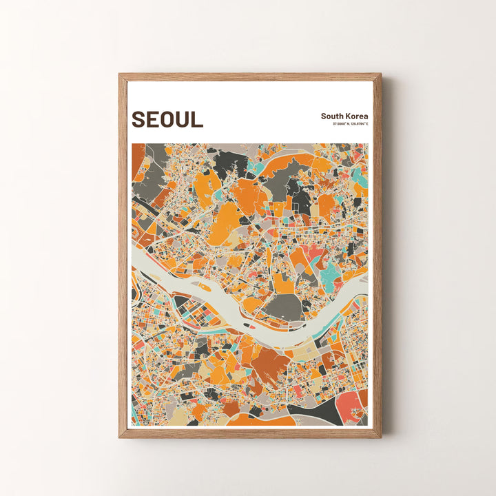 Premium minimalist warm map art print displaying the intricate urban cartography of Seoul, South Korea, designed by MapYourDreams in flexible configurations including unframed archival paper, metal frames, and canvas that deliver striking visual style.