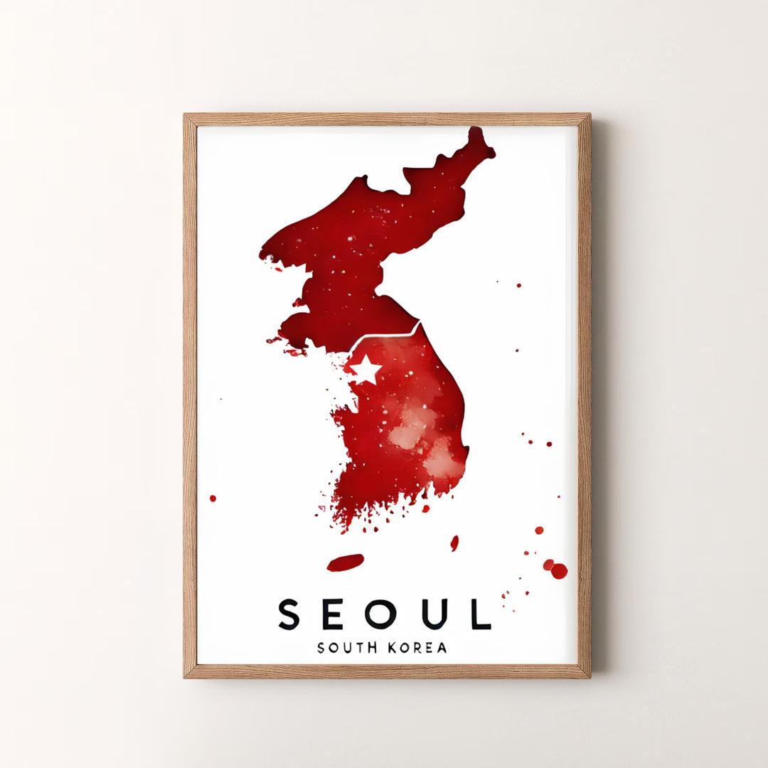 Premium abstract red map art print displaying the textured watercolor peninsula silhouette of Seoul, South Korea, designed by MapYourDreams in flexible configurations including unframed archival paper, metal frames, and canvas that deliver striking visual style.