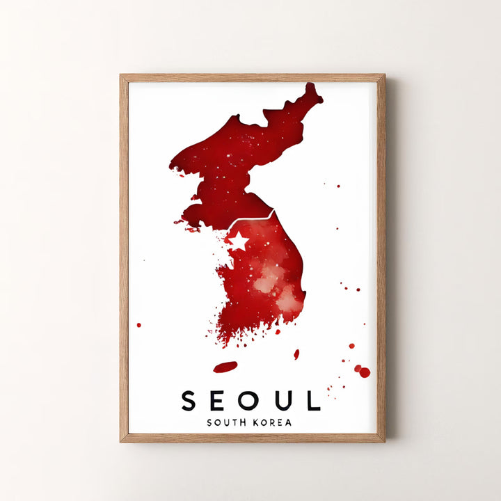 Premium abstract red map art print displaying the textured watercolor peninsula silhouette of Seoul, South Korea, designed by MapYourDreams in flexible configurations including unframed archival paper, metal frames, and canvas that deliver striking visual style.