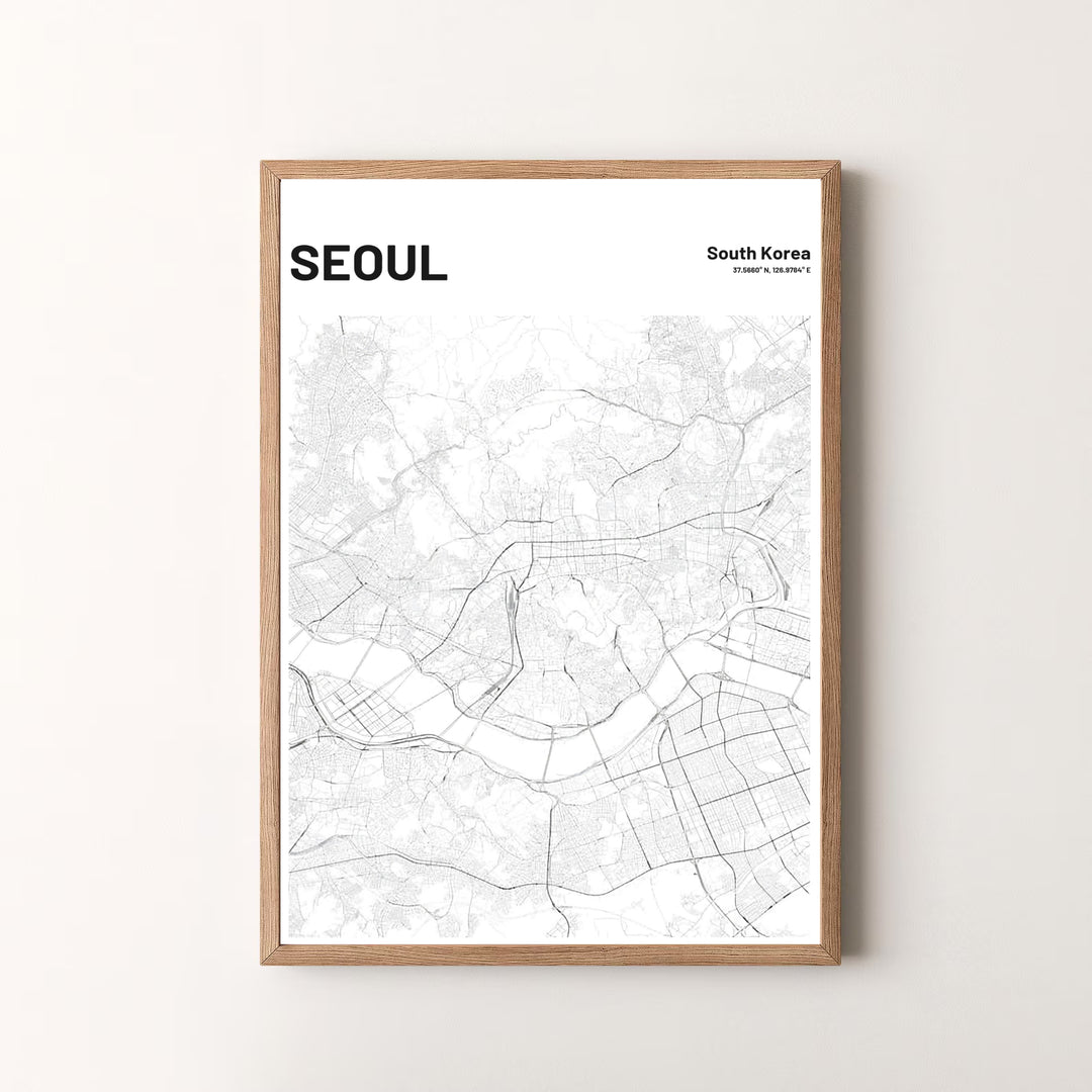 Premium architectural map art print featuring the detailed street network and coordinates of seoul south korea, designed by MapYourDreams in flexible configurations including unframed archival paper, metal frames, and canvas that deliver timeless visual style.