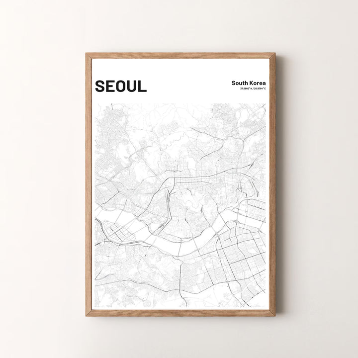Premium architectural map art print featuring the detailed street network and coordinates of seoul south korea, designed by MapYourDreams in flexible configurations including unframed archival paper, metal frames, and canvas that deliver timeless visual style.