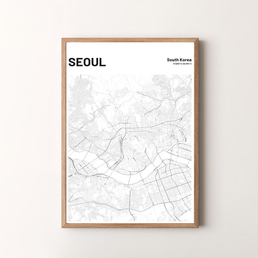 Premium architectural map art print featuring the detailed street network and coordinates of seoul south korea, designed by MapYourDreams in flexible configurations including unframed archival paper, metal frames, and canvas that deliver timeless visual style.
