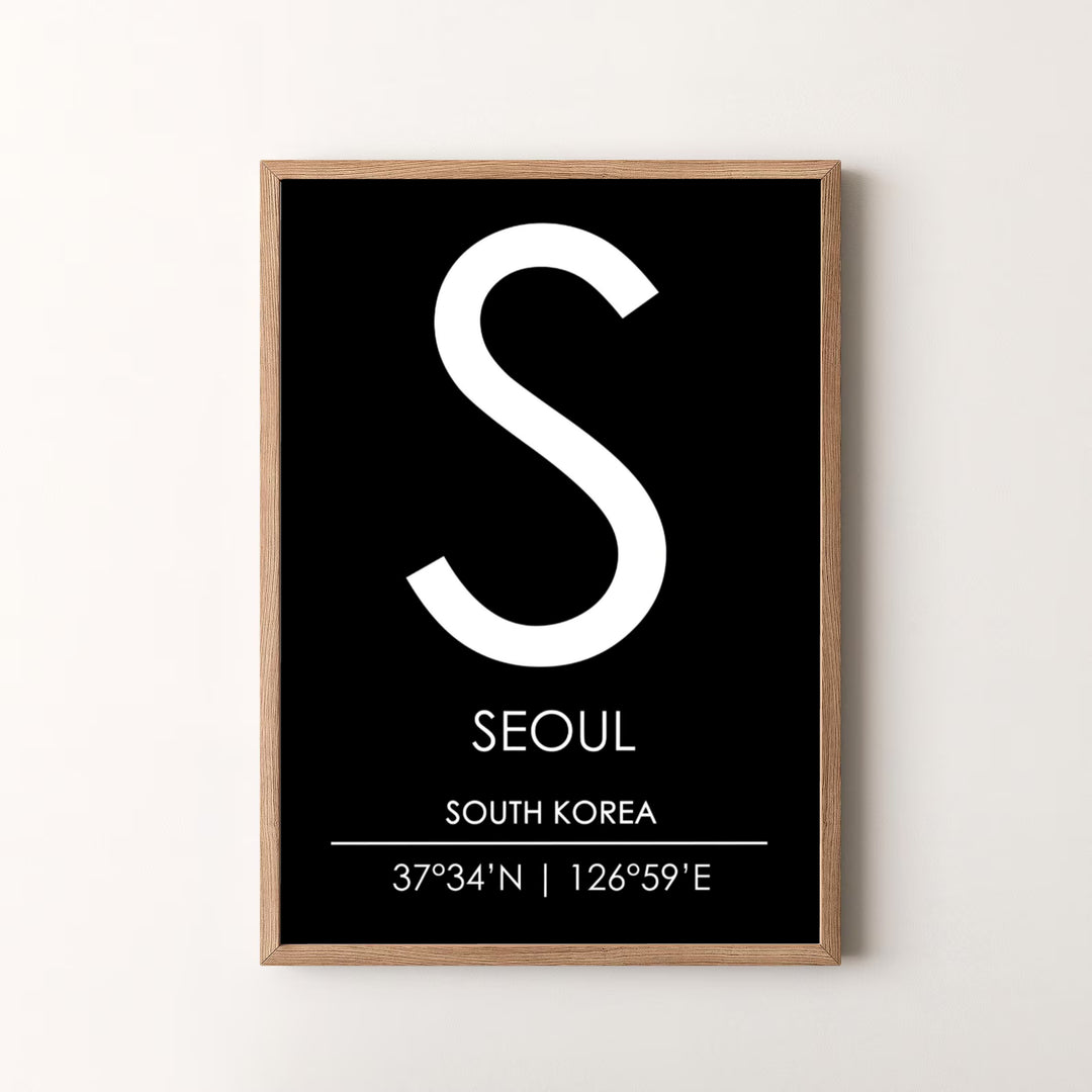 Premium typographic monogram art print featuring the S letter initial and coordinates of seoul south korea, designed by MapYourDreams in flexible configurations including unframed archival paper, metal frames, and canvas that deliver timeless visual style.