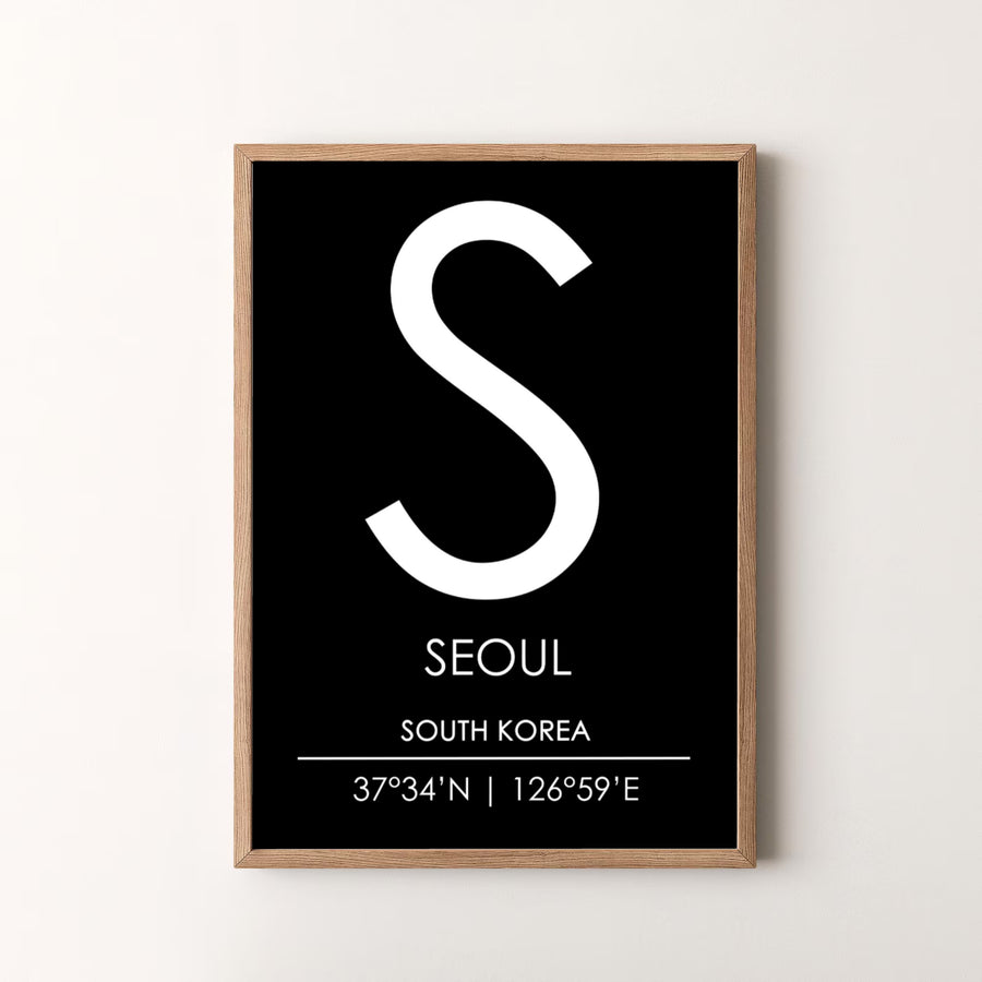 Premium typographic monogram art print featuring the S letter initial and coordinates of seoul south korea, designed by MapYourDreams in flexible configurations including unframed archival paper, metal frames, and canvas that deliver timeless visual style.