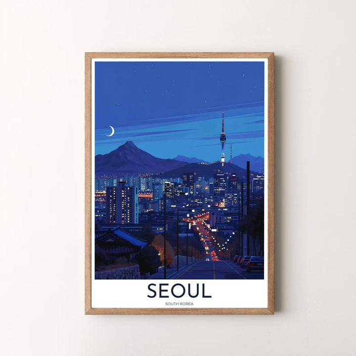 Premium atmospheric night architectural print displaying the illuminated N Seoul Tower above city traffic lights, designed by MapYourDreams in flexible configurations including unframed archival paper, metal frames, and canvas that deliver striking visual style.