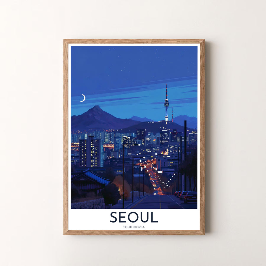 Premium atmospheric night architectural print displaying the illuminated N Seoul Tower above city traffic lights, designed by MapYourDreams in flexible configurations including unframed archival paper, metal frames, and canvas that deliver striking visual style.