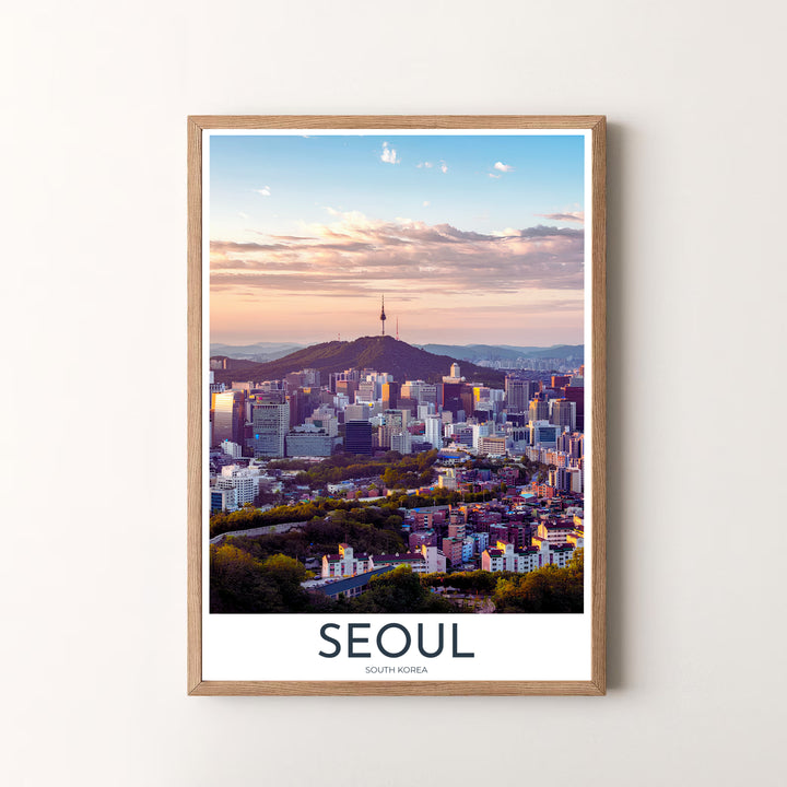 Premium sunset landscape photography print displaying N Seoul Tower and the glowing skyline of Seoul South Korea, designed by MapYourDreams in flexible configurations including unframed archival paper, metal frames, and canvas that deliver striking visual style.