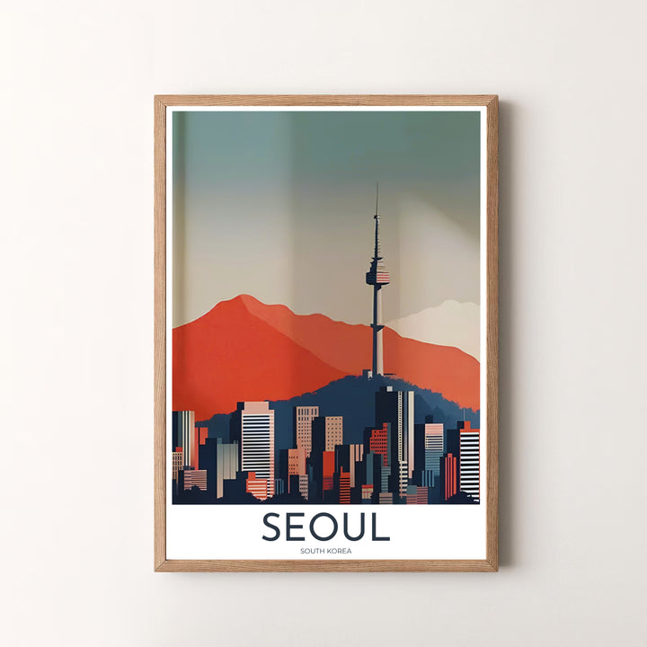Premium vector landscape print displaying N Seoul Tower and Namsan Mountain in Seoul South Korea, designed by MapYourDreams in flexible configurations including unframed archival paper, metal frames, and canvas that deliver striking visual style.