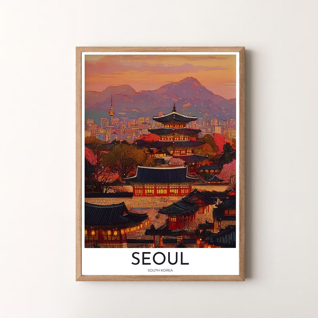 Premium twilight landscape art print displaying a historic pagoda and glowing skyline in Seoul South Korea, designed by MapYourDreams in flexible configurations including unframed archival paper, metal frames, and canvas that deliver striking visual style.