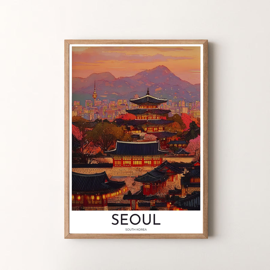 Premium twilight landscape art print displaying a historic pagoda and glowing skyline in Seoul South Korea, designed by MapYourDreams in flexible configurations including unframed archival paper, metal frames, and canvas that deliver striking visual style.