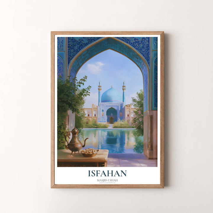 Peaceful sacred wall art print of the Shah Mosque in Isfahan Iran with serene courtyard reflections and rich blue tilework. Presented by MapYourDreams, this artwork is available in flexible options including unframed paper, custom wooden frames, and gallery canvas wraps for timeless wall decor.