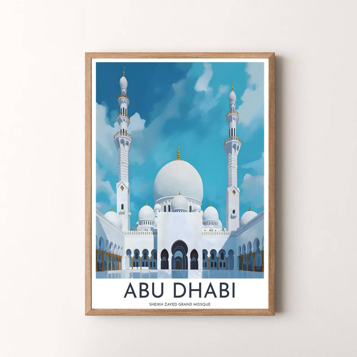 Radiant sacred wall art print of Sheikh Zayed Grand Mosque in Abu Dhabi United Arab Emirates with serene white marble architecture and blue sky. Presented by MapYourDreams, this artwork is available in flexible options including unframed paper, custom wooden frames, and gallery canvas wraps for timeless wall decor.
