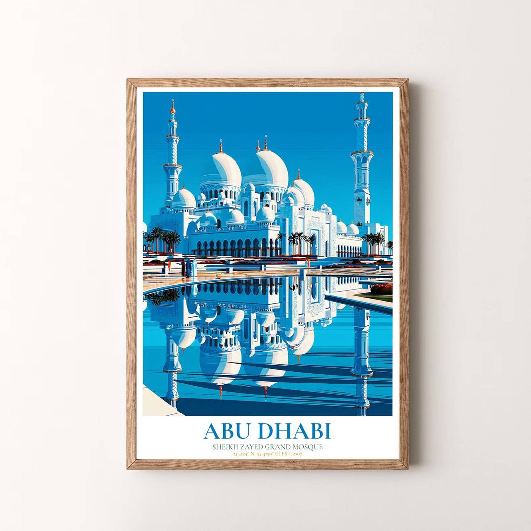 Radiant sacred wall art print of Sheikh Zayed Grand Mosque in Abu Dhabi United Arab Emirates with crystal blue water reflections. Presented by MapYourDreams, this artwork is available in flexible options including unframed paper, custom wooden frames, and gallery canvas wraps for timeless wall decor.