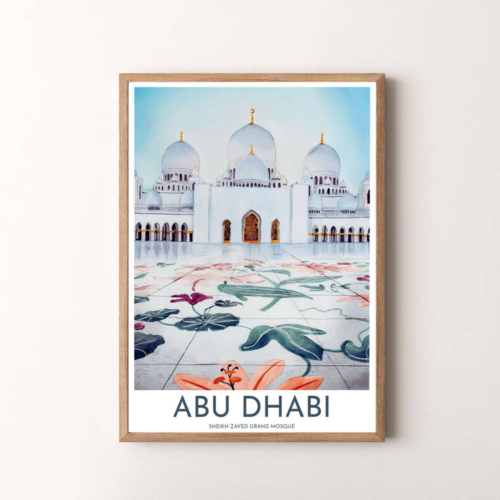 Radiant sacred wall art print of Sheikh Zayed Grand Mosque in Abu Dhabi United Arab Emirates with serene watercolor atmosphere and marble mosaics. Presented by MapYourDreams, this artwork is available in flexible options including unframed paper, custom wooden frames, and gallery canvas wraps for timeless wall decor.