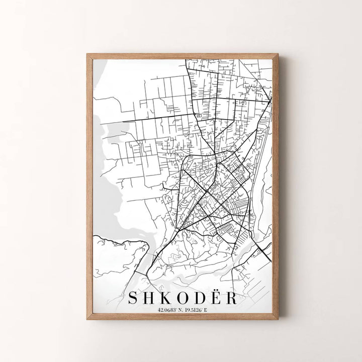 Modern Scandinavian-style map artwork depicting Shkodër, Albania, designed to bring subtle geographical elegance to your interior decor. Choose your presentation from unframed paper stock, custom wood frames, or stretched gallery canvas.