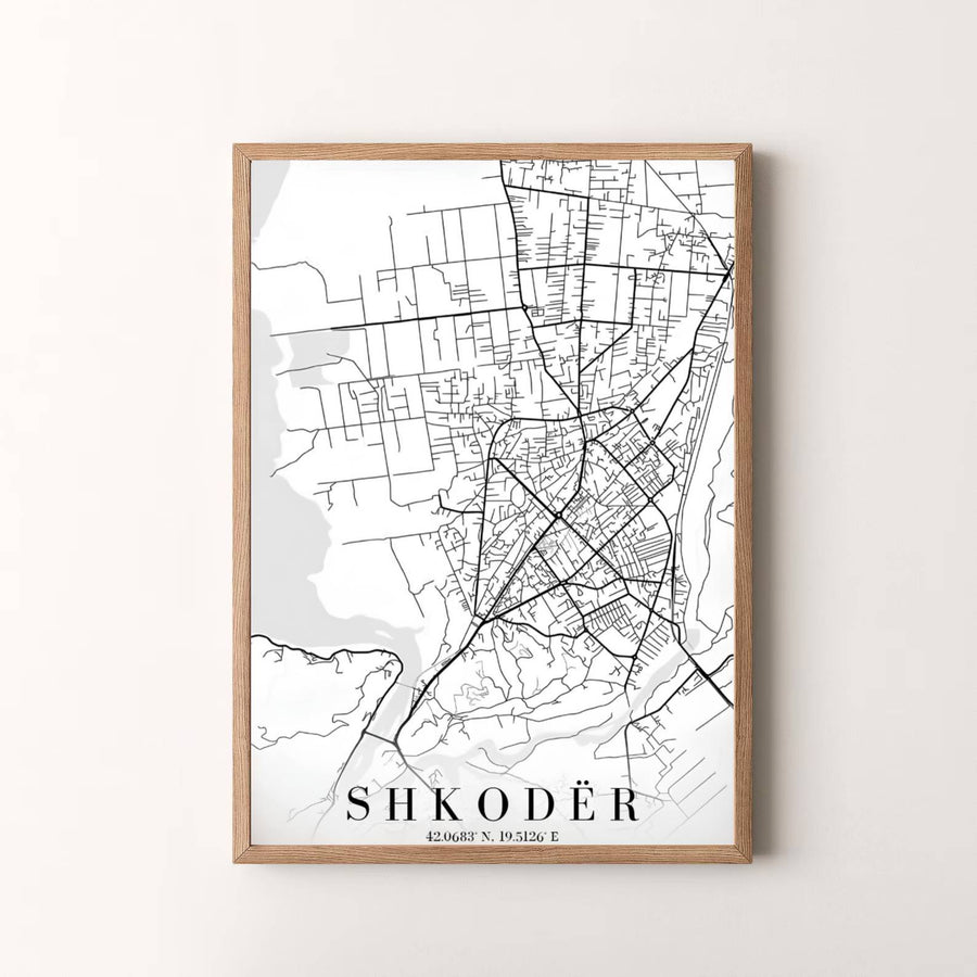Modern Scandinavian-style map artwork depicting Shkodër, Albania, designed to bring subtle geographical elegance to your interior decor. Choose your presentation from unframed paper stock, custom wood frames, or stretched gallery canvas.