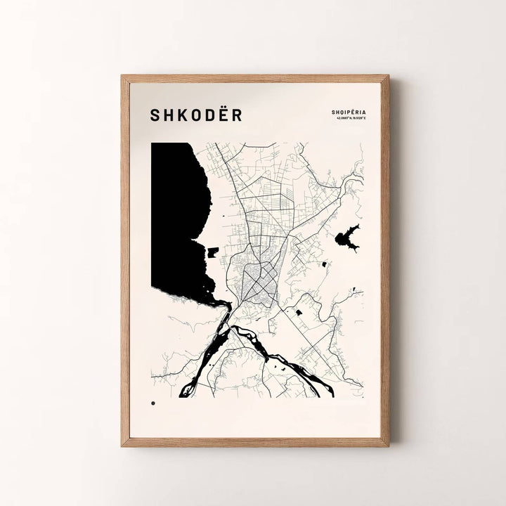 Modern Scandinavian-style hydrology map artwork depicting Shkodër, Albania, designed to bring subtle geographical elegance to your interior decor. Choose your presentation from unframed paper stock, custom wood frames, or stretched gallery canvas.
