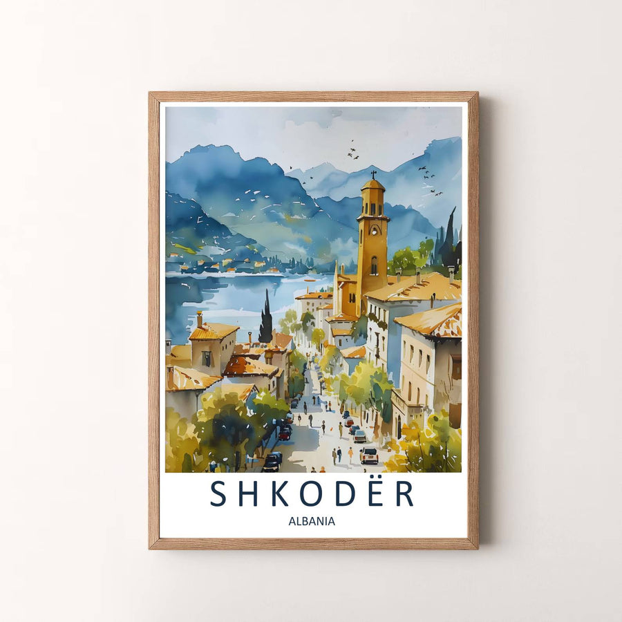 Elegant cartographic watercolor art poster featuring Shkodër Albania, designed to bring European cultural serenity and warm color into your space. Choose your presentation from unframed paper stock, custom wood frames, or stretched gallery canvas.
